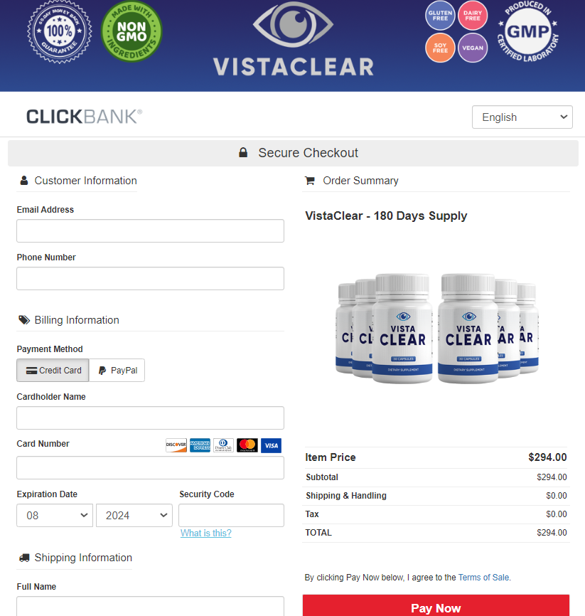 Vista Clear Order Page